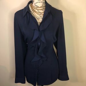 Chico’s Ruffled Front Navy Blue Blouse Sz 1